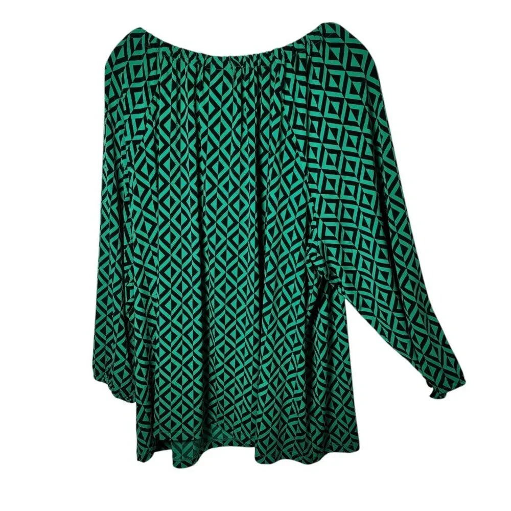 Dana Buchman‎ Woman 3X Geometric Chain Accent Blouse Green Black Long Sleeve Top - Picture 5 of 6